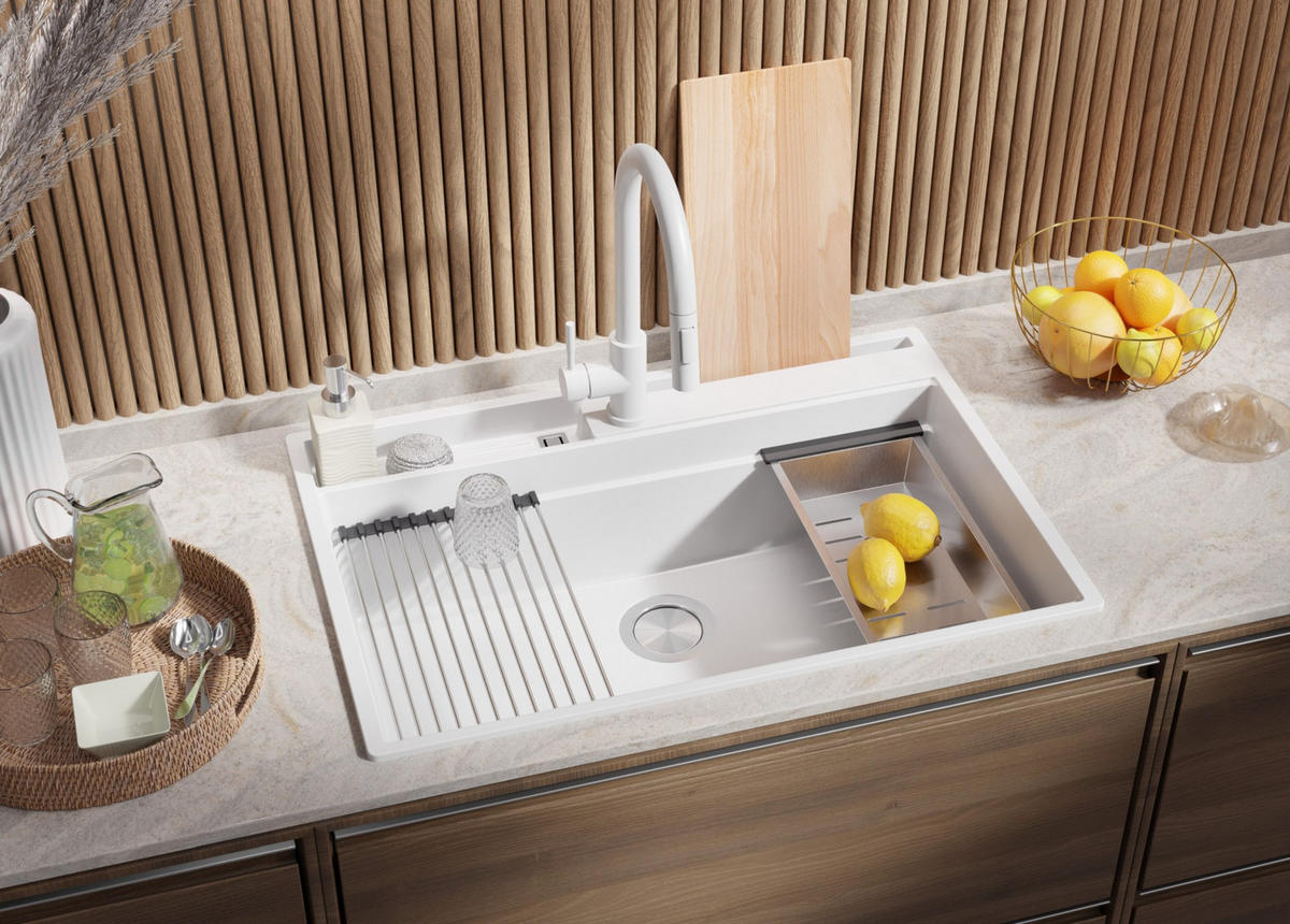 GRANITSPÜLE Oslo Pocket, 2-er set Weiß 78/53 cm 1 Becken + Küchenarmatur 40/20 cm + Ablauf-Set + Küchenzubehörset ab 80er Unterschrank - Chromfarben/Beige, Kunststoff (78/20/53cm) - Primagran