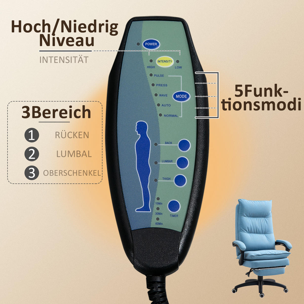 ERGONOMISCH Bürostuhl mit Massagefunktion, Computerstuhl mit Liegefunktion - Blau, Kunststoff (62/130/70cm) - Vinsetto