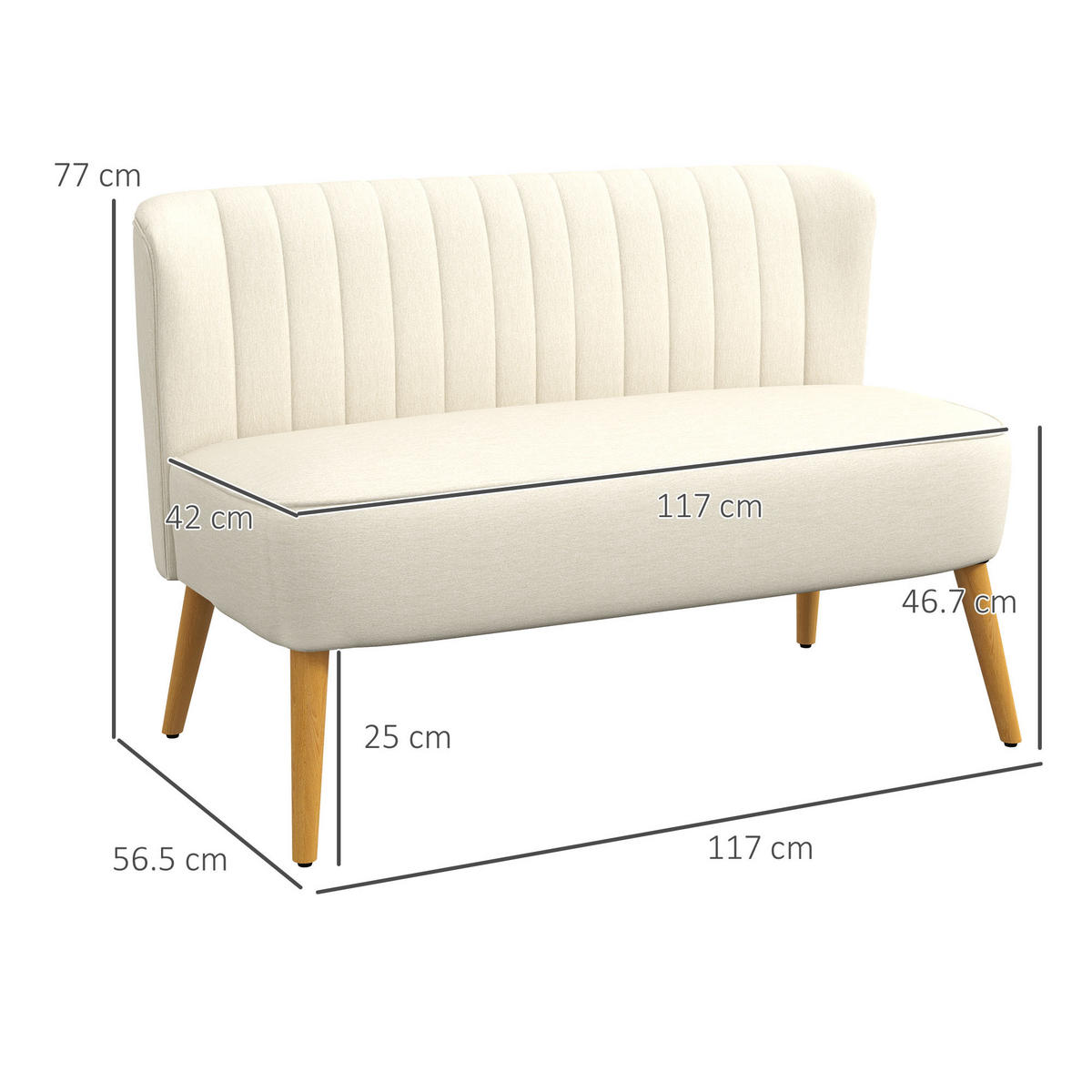 SOFA, 2-Sitzer, Leinenoptik, ohne Armlehnen, Holzbeine, cremeweiß, 117x56,5x77cm - Multicolor, Holzwerkstoff (117/77/56.5cm) - FORIOUS