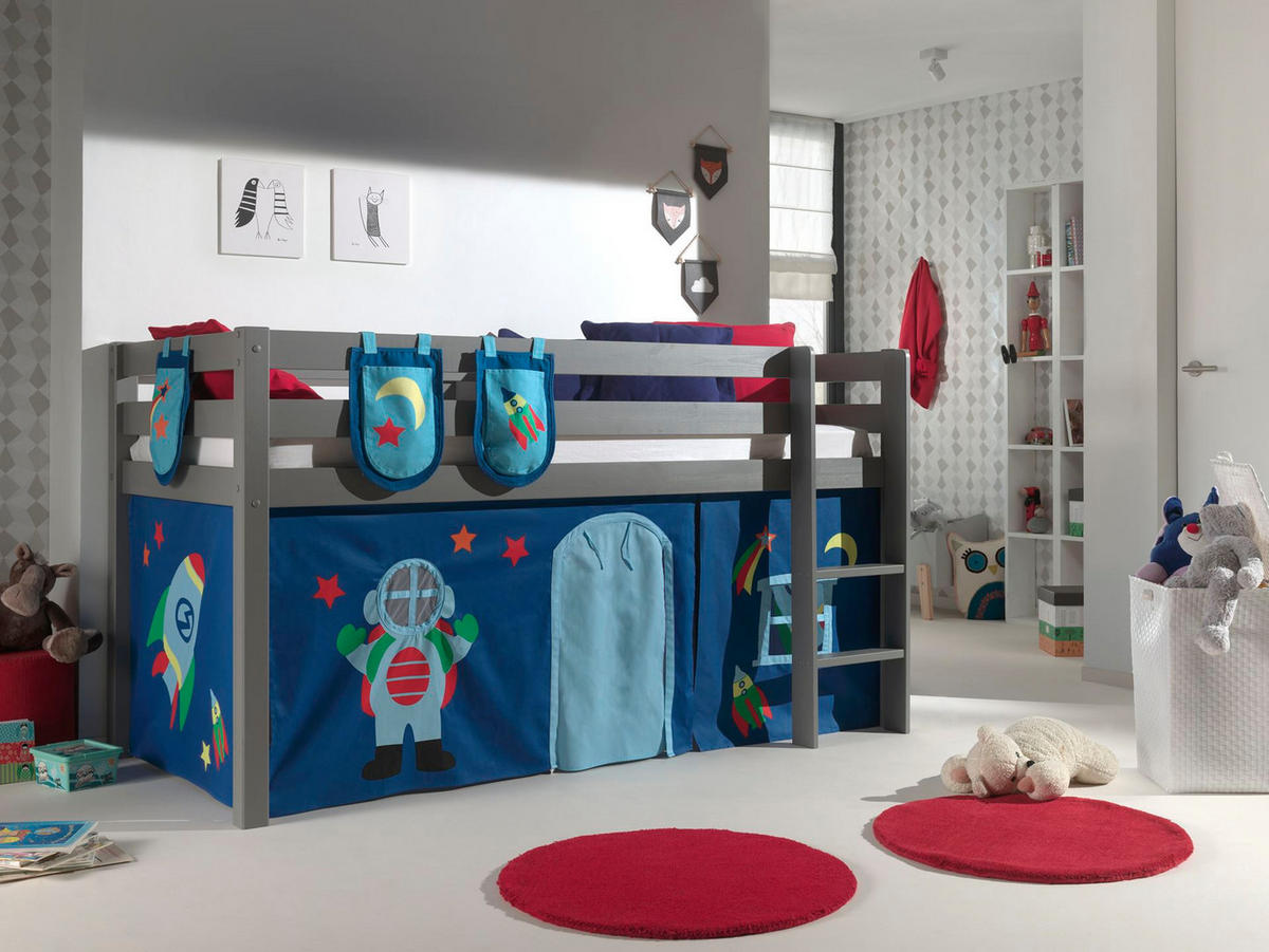 KINDERBETT Karolina 210x114x106 Massivholz Grau Textilset Astro 3 - Blau/Grau, Holz (90/200cm) - 58aufmkessel