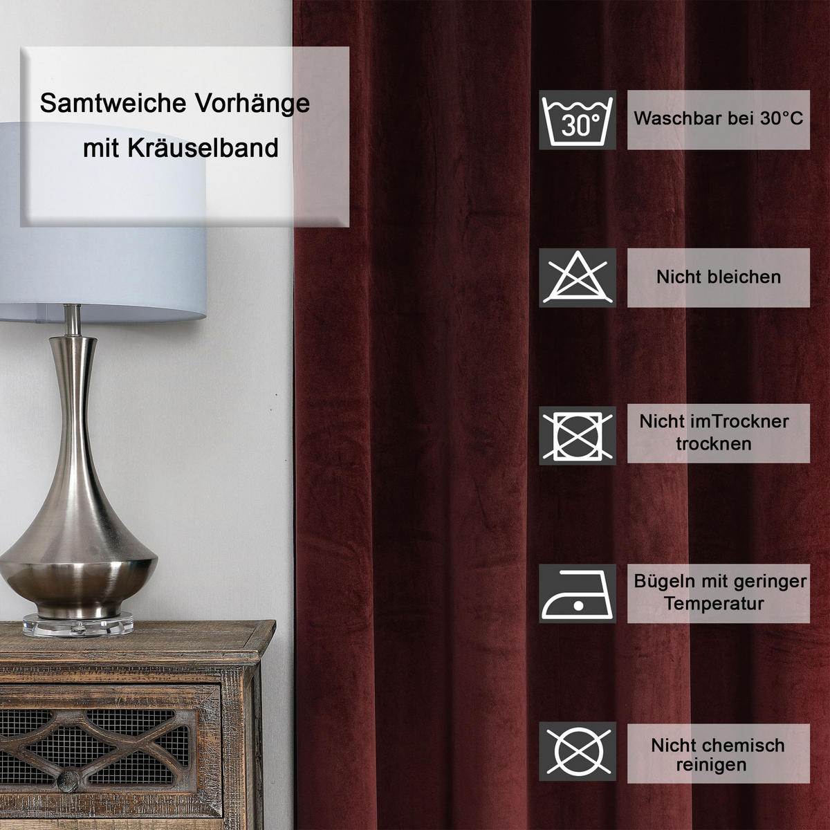 VORHANG Kräuselband Samt 140/175 cm Bordeaux - Bordeaux, Textil (140/175/175cm) - TiborTex