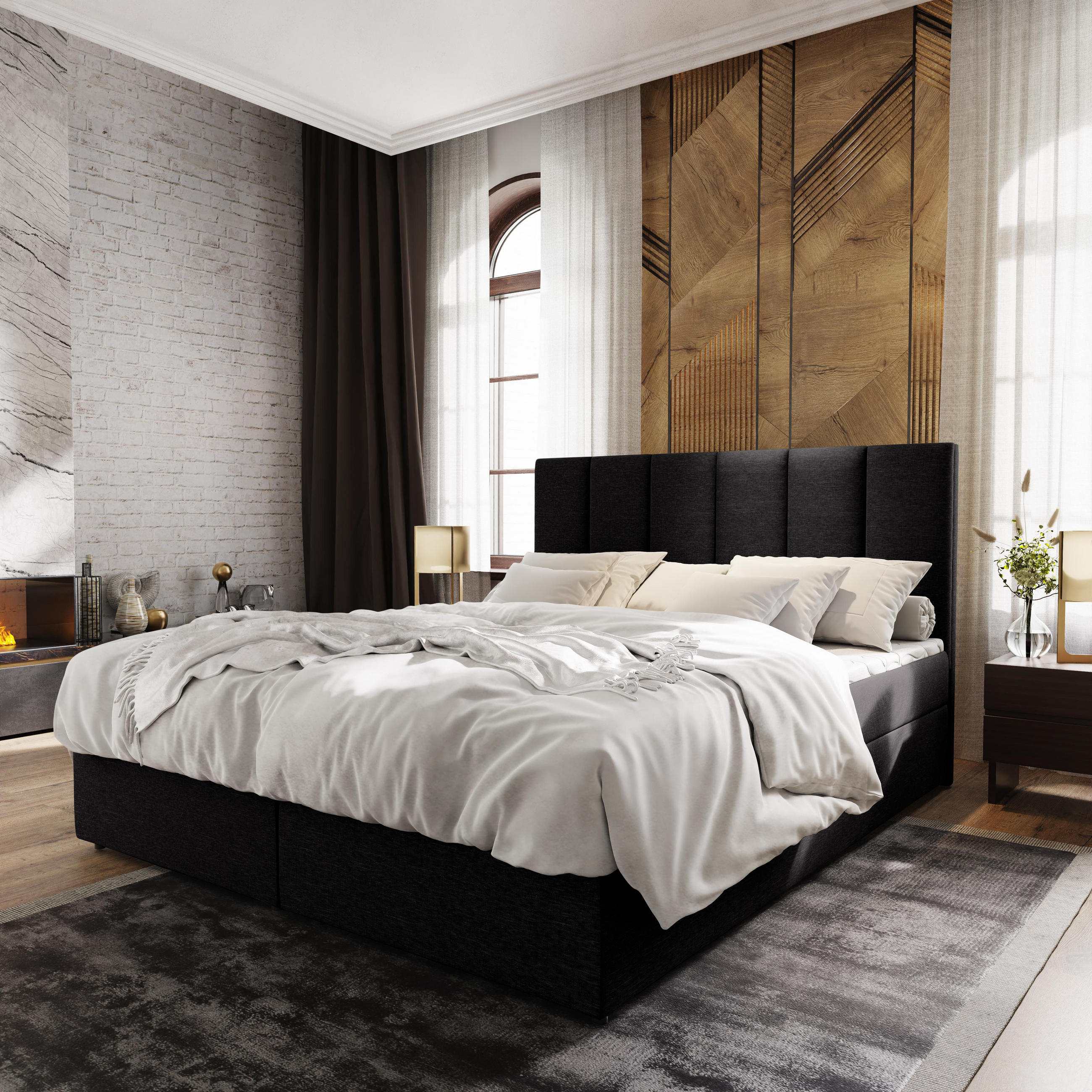 BOXBETT MERIL 180x200 cm mit Matratze und Topper - Schwarz - Anthrazit, Holz (180/200cm) - MASSENO