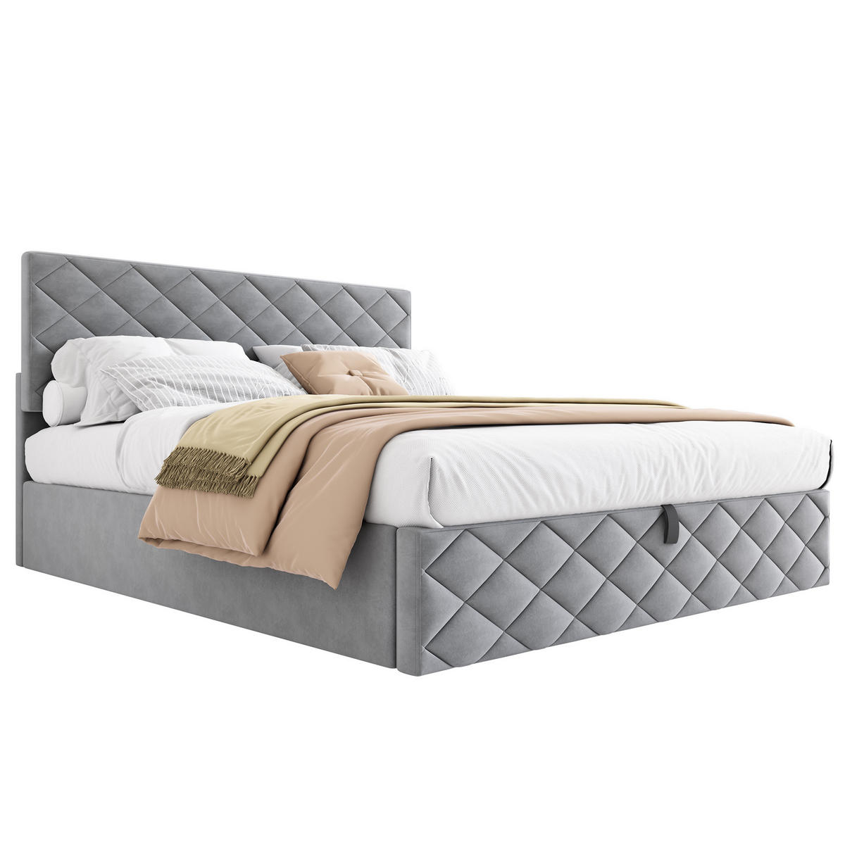 SAMT-POLSTERBETT 140/200 cm in Grau mit Bettkasten und Lattenrost - Grau, Textil (140/200cm) - BEAOK