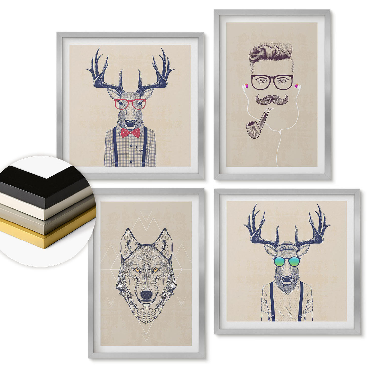 WANDBILDER 4er Set - 50x50 cm & 40x60 cm Silberner Rahmen - Stilvolle Tierporträts - Silberfarben, Kunststoff (50/50cm) - ArtPrintCave