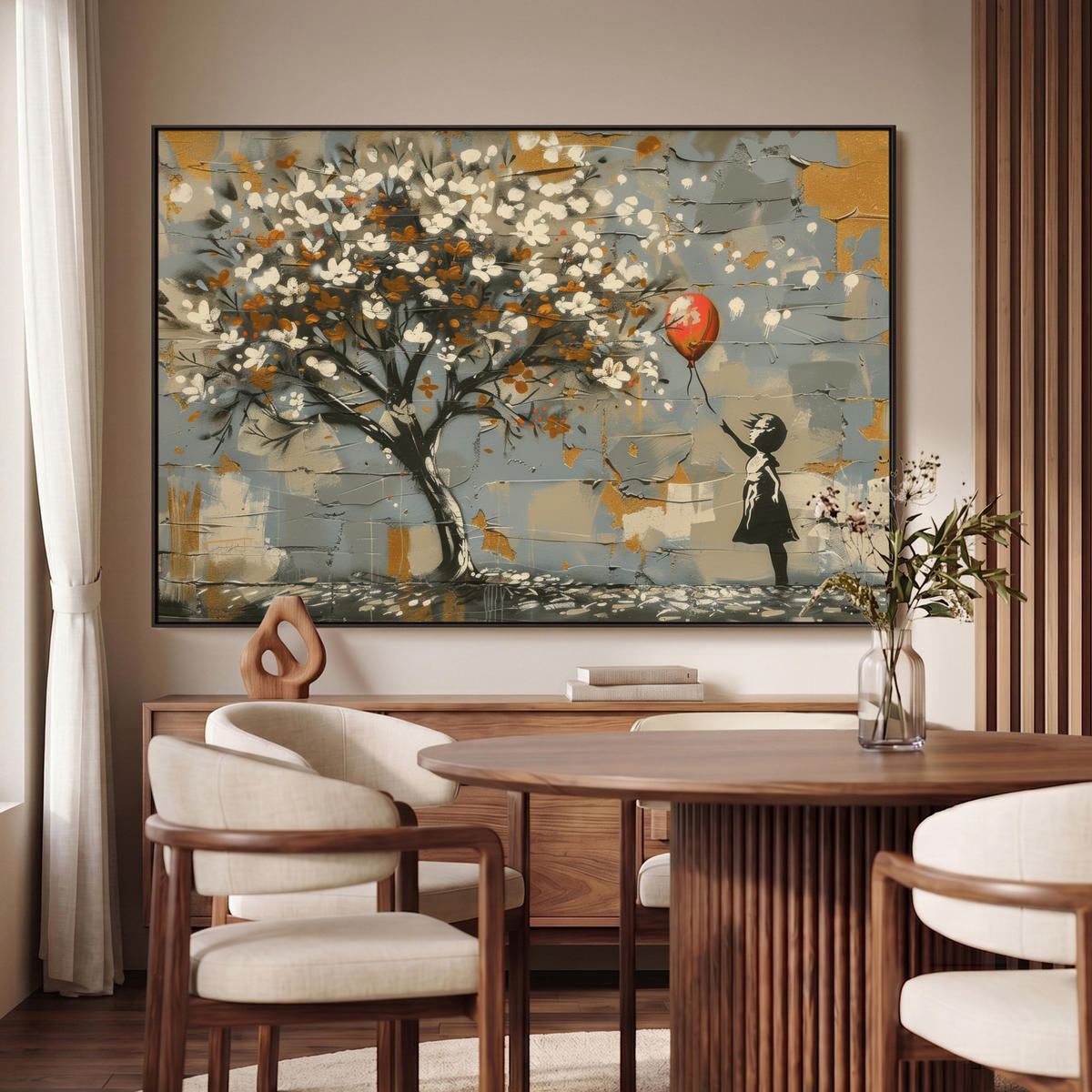 LEINWAND Bilder mit Rahmen - Baum - Graffiti - Banksy-Stil - Ballon-Mädchen - 120x80 - Blaugrau, Textil (120/80cm) - MuchoWow