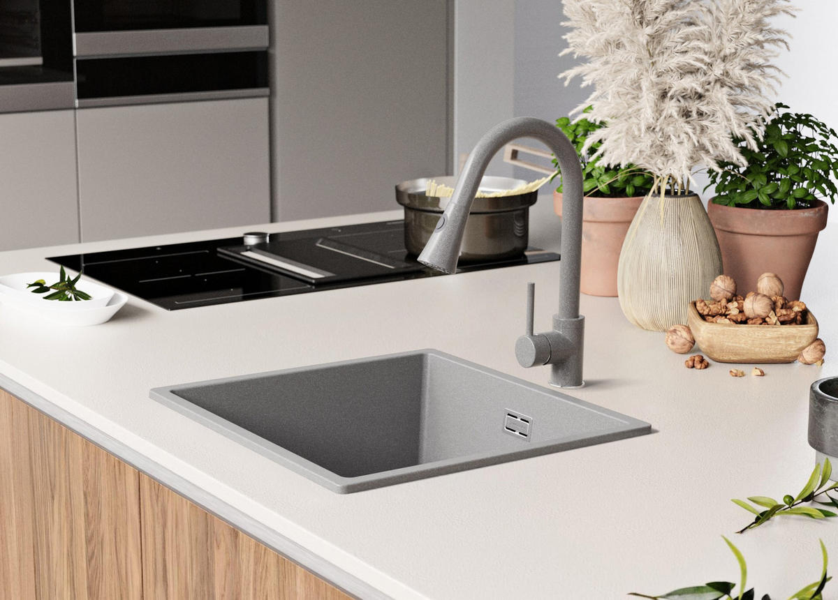 GRANITSPÜLE London Slim, 2-er set Grau 46/47 cm 1 Becken + Küchenarmatur 38/14 cm + Ablauf-Set ab 50er Unterschrank - Grau, Kunststoff (46/20/47cm) - Primagran