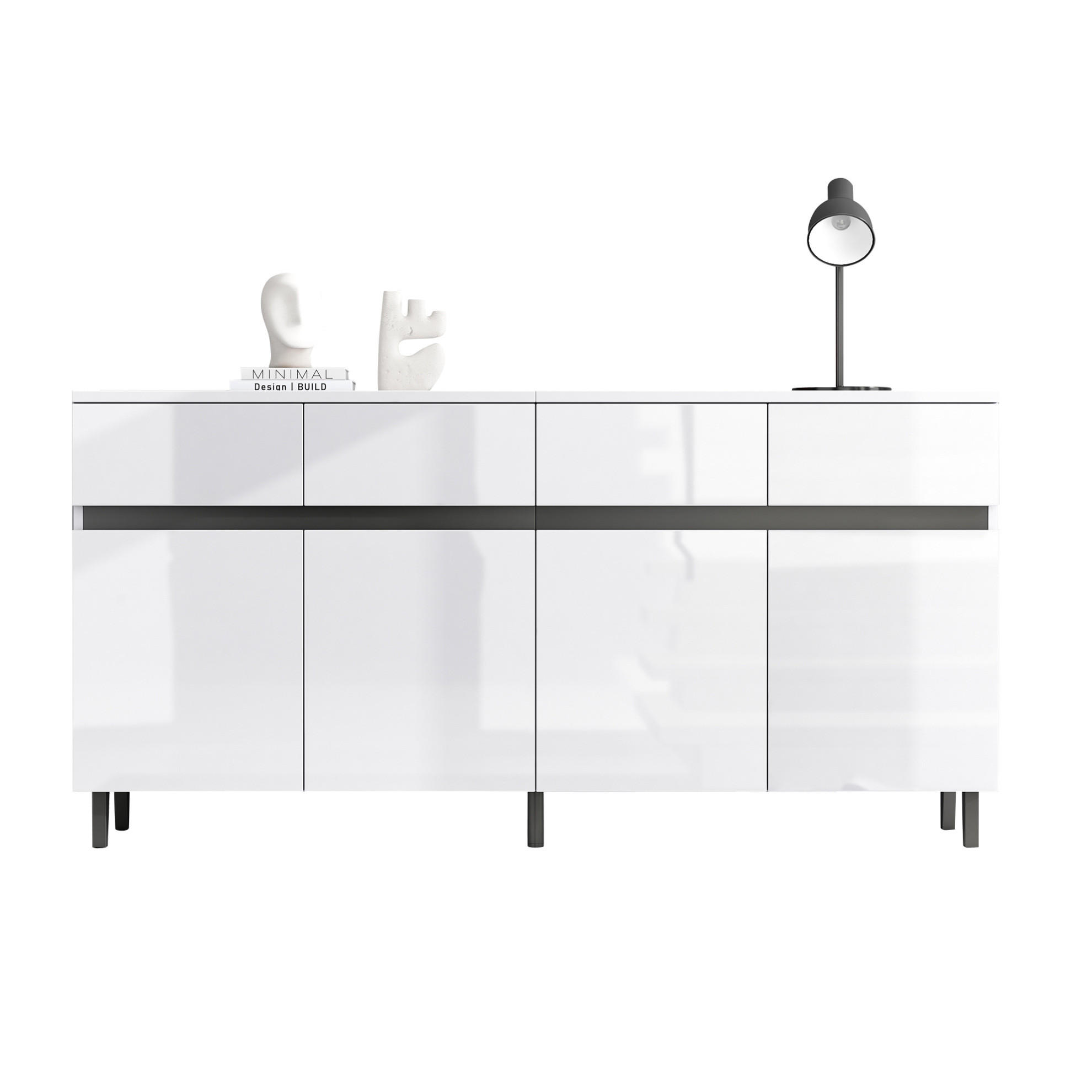SIDEBOARD mit Hochglanz-Fronten, 4 Schubladen und 2 Türen, 160/40/68 cm, Weiß - Weiß, Holzwerkstoff (160/68/40cm) - Redom