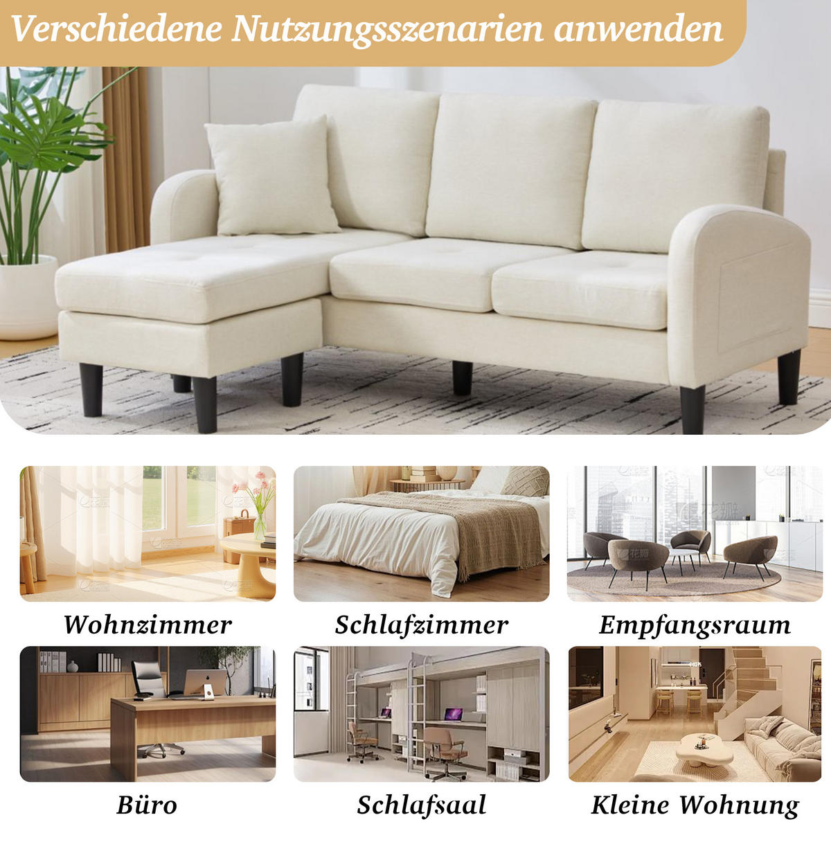 ECKSOFA Baumwoll-Leinenbezug mit modularer Chaiselongue Hellbeige 166/118/77 cm - Beige/Weiß, Textil (166/118cm) - Redom