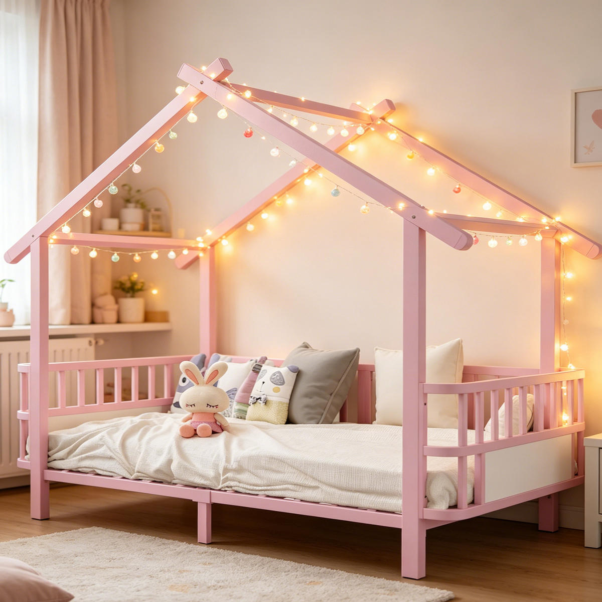 KINDERBETT 90/200 cm in Rosa mit Sicherheitsgitter und Dachdesign aus Metall - Rosa, Metall - STILVORA