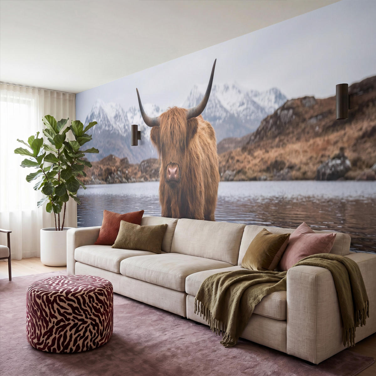 TAPETE - Schottischer Hochländer - Braun - Wasser - 500x200 cm - Braun, Papier (500/200cm) - OnlyWow