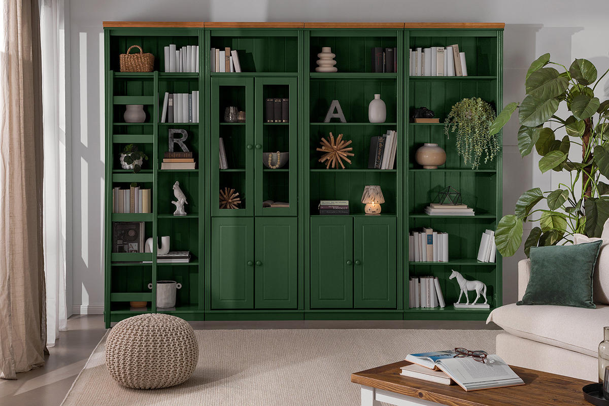 MASSIVE BÜCHERWAND - Massivholz - Kiefer - Waldgrün/Kieferfarben, Holz (296/223/37cm) - home24