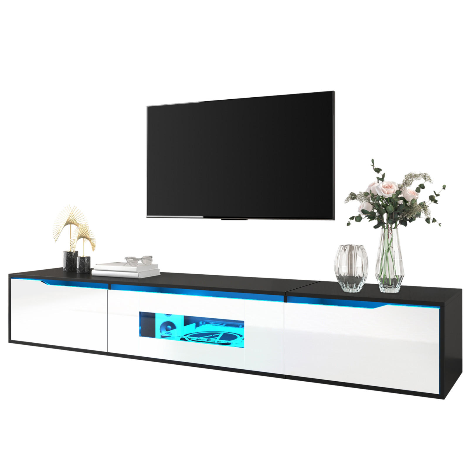TV Lowboard LED 180 cm, Wandmontage, Schwarz Weiß - Schwarz, Holz (180/30/35cm)