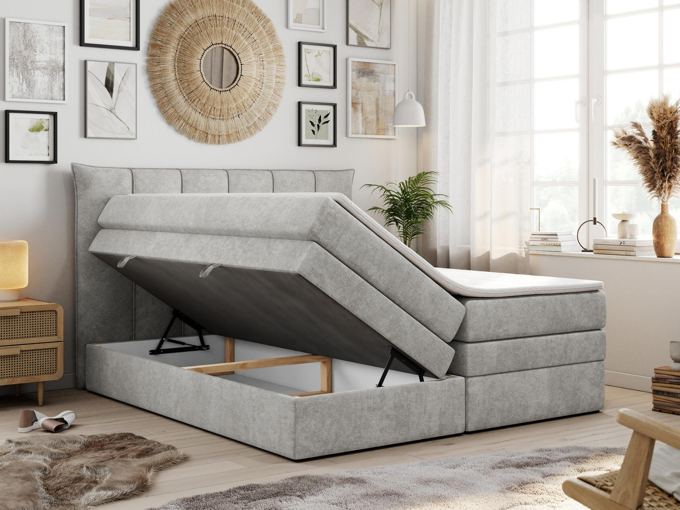 Thumbnail - MKS Boxspringbett, Hellgrau, Textil, 2-Sitzer, H4, Rechteckig, 200x200 cm, Schlafzimmer, Betten, Boxspringbetten