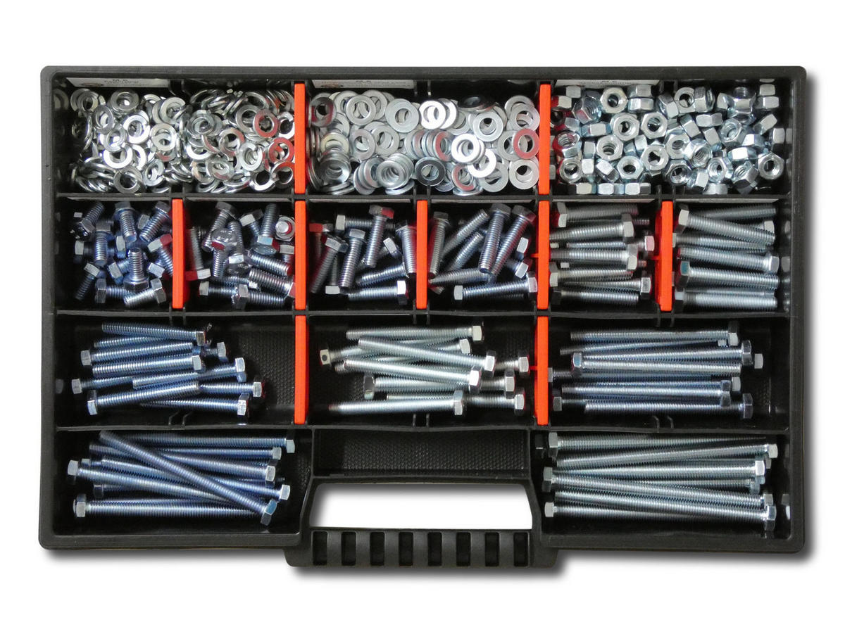 SCHRAUBENSET mit Sechskantschrauben, Muttern, Unterlegscheiben und Federringen M6 // 12mm-80mm 480 tlg - Zinkfarben, Metall (6/3.5cm) - Schraubenbox24
