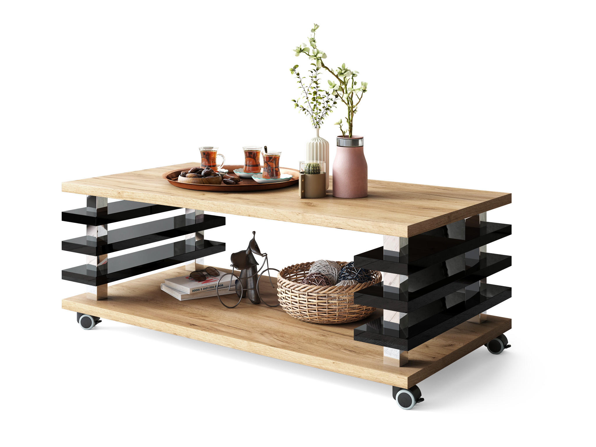 designimpex Couchtisch Eiche, Schwarz Hochglanz 120x45x60 cm