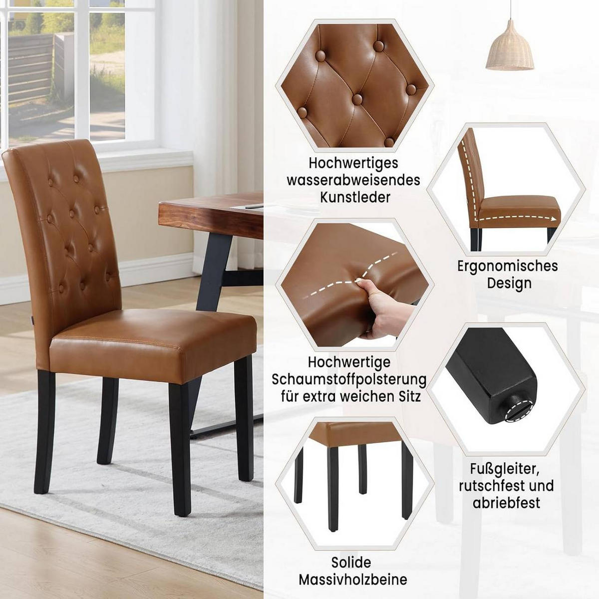 ESSZIMMERSTUHL 2er Set, Kunstleder, Holzbeinen, Braun - Schwarz/Braun, Holz/Kunststoff (44/99/59cm) - Woltu