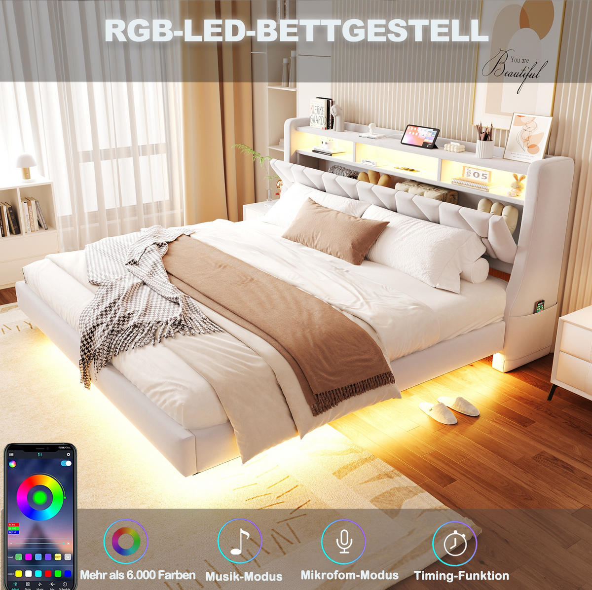 POLSTERBETT 180/200 cm mit klappbarem Kopfteil, LED, USB- und Typ-C-Anschluss, Stauraum, Samt, Beige - Beige, Textil (180/200cm) - Redom