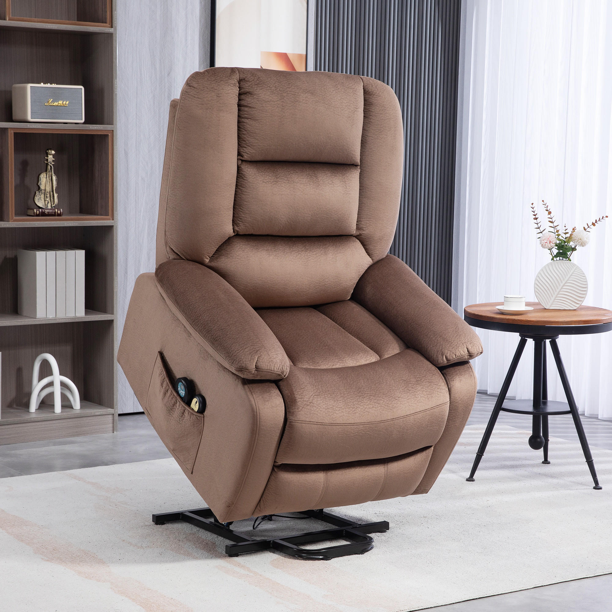 FERNSEHSESSEL mit Aufstehhilfe Elektrisch Relaxsessel mit Liege-/Massagefunktion - Schwarz/Braun, Textil/Metall (93/110/90cm) - HOMCOM