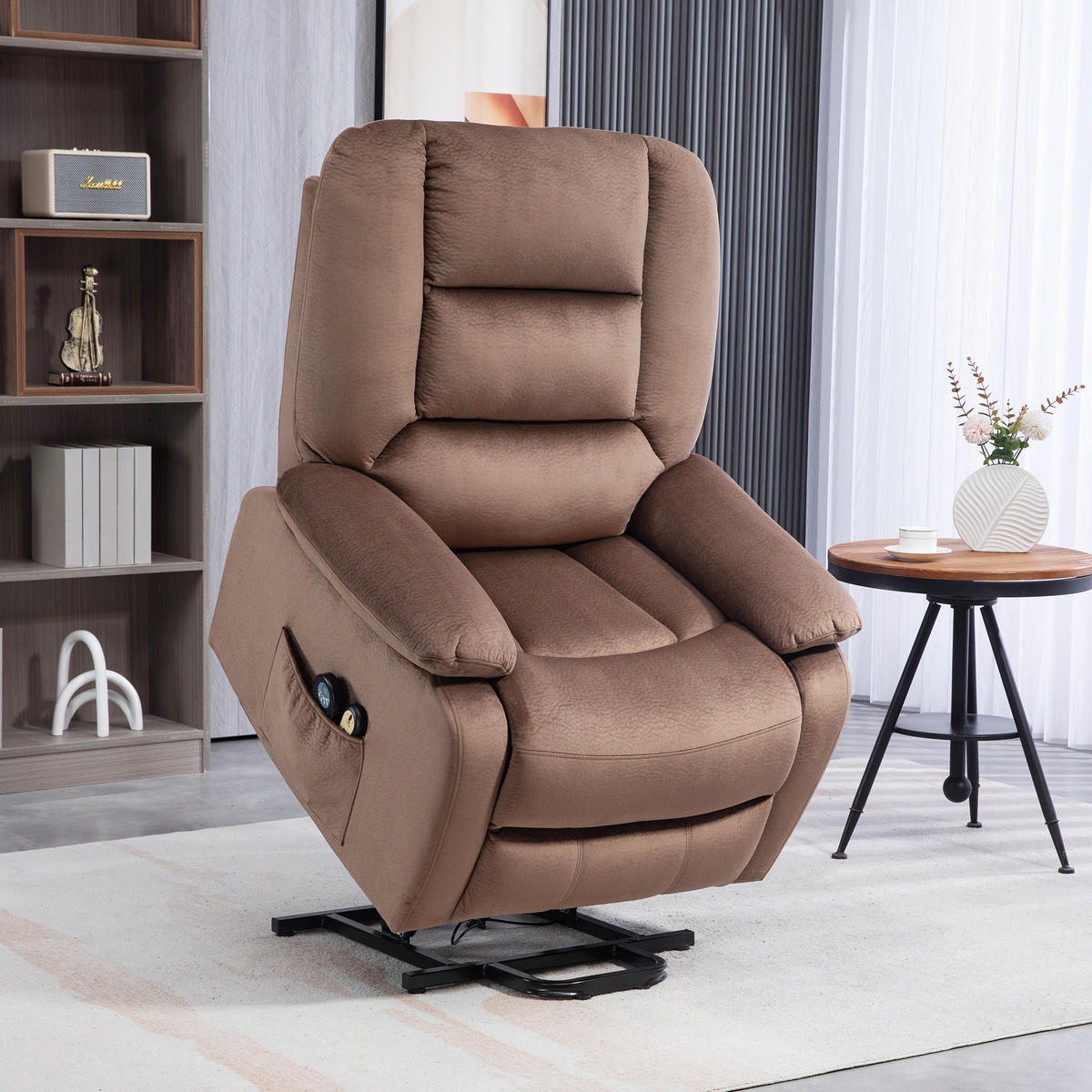 FERNSEHSESSEL mit Aufstehhilfe Elektrisch Relaxsessel mit Liege-/Massagefunktion - Schwarz/Braun, Textil/Metall (93/110/90cm) - HOMCOM