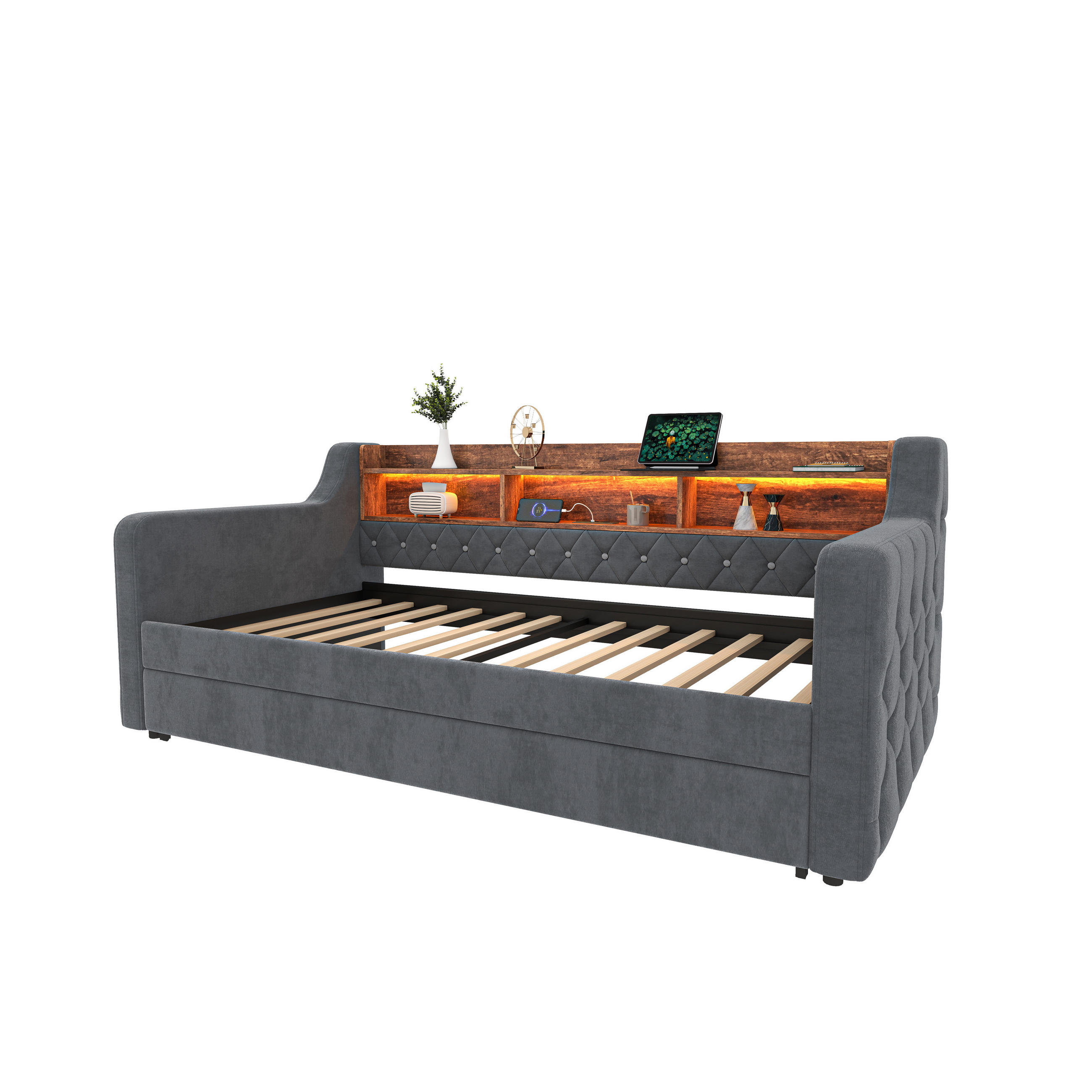 POLSTERBETT aus Samt 90x190 cm in Dunkelgrau mit LED & USB-C-Anschluss - Dunkelgrau, Textil (90/190cm) - Modfu