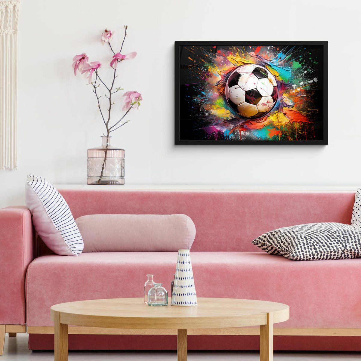 POSTER MIT RAHMEN Fußball - Farbe - Farben - Schwarz - Weiß 60x40 cm - Weiß, Papier (60/40cm) - MuchoWow