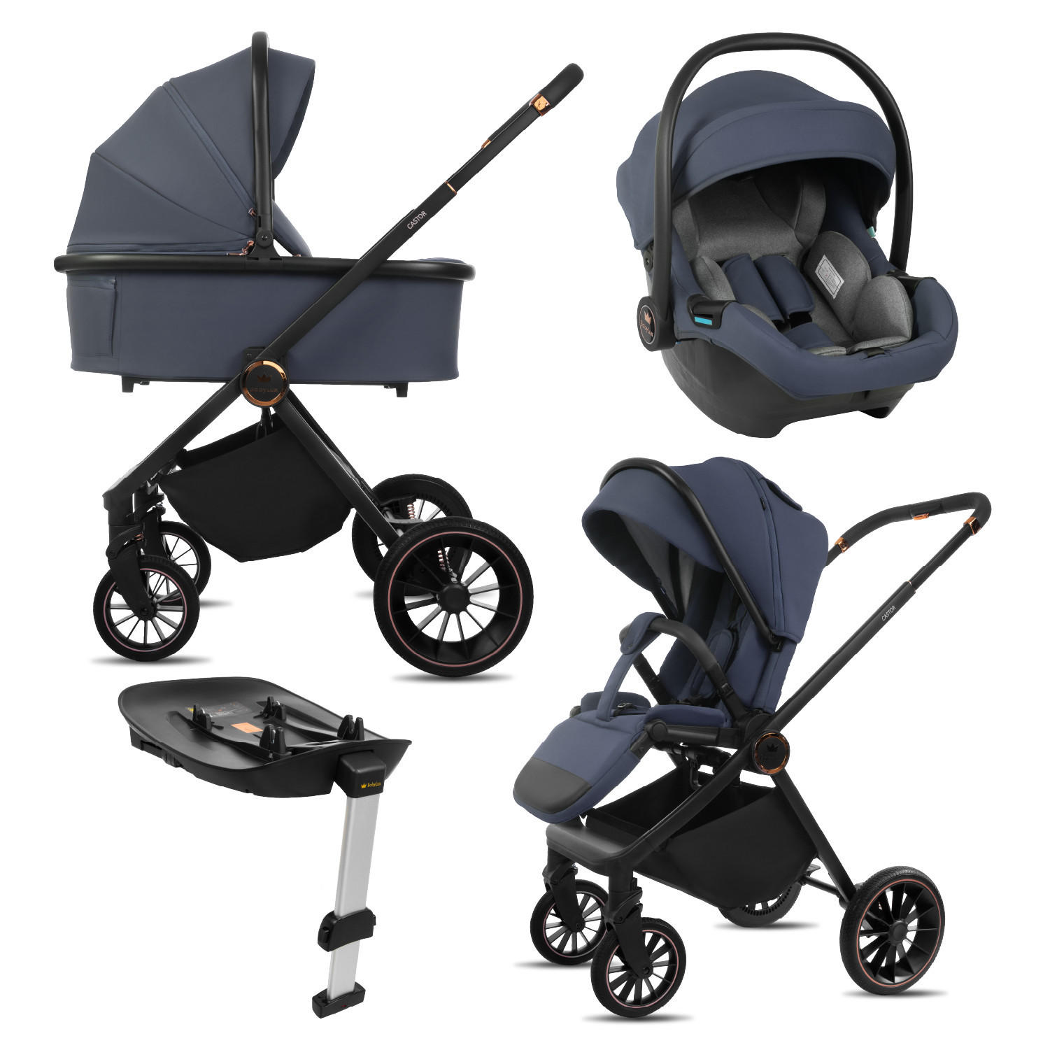 KINDERWAGEN Castor 4in1 Grau Babywanne, Reisebuggy, Autositz, Isofix Basis - Schwarz/Grau, Textil/Metall (58/98cm) - BabyLux