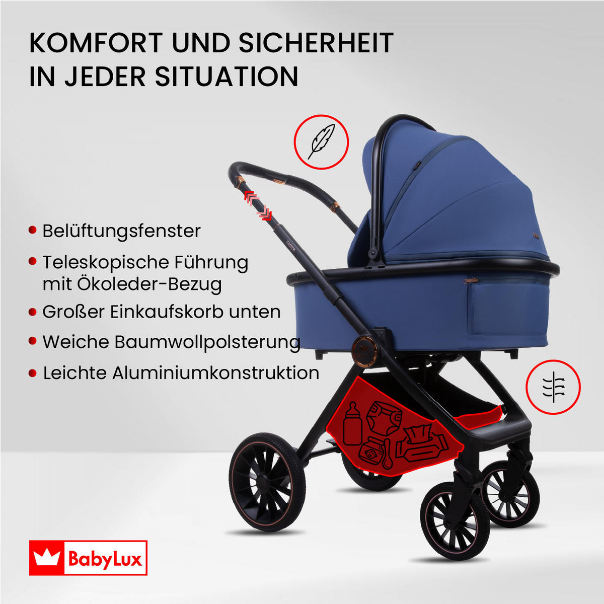 KINDERWAGEN Castor 4in1 Sapphire Babywanne, Reisebuggy, Autositz, Isofix Basis - Blau/Schwarz, Textil/Metall (58/98cm) - BabyLux