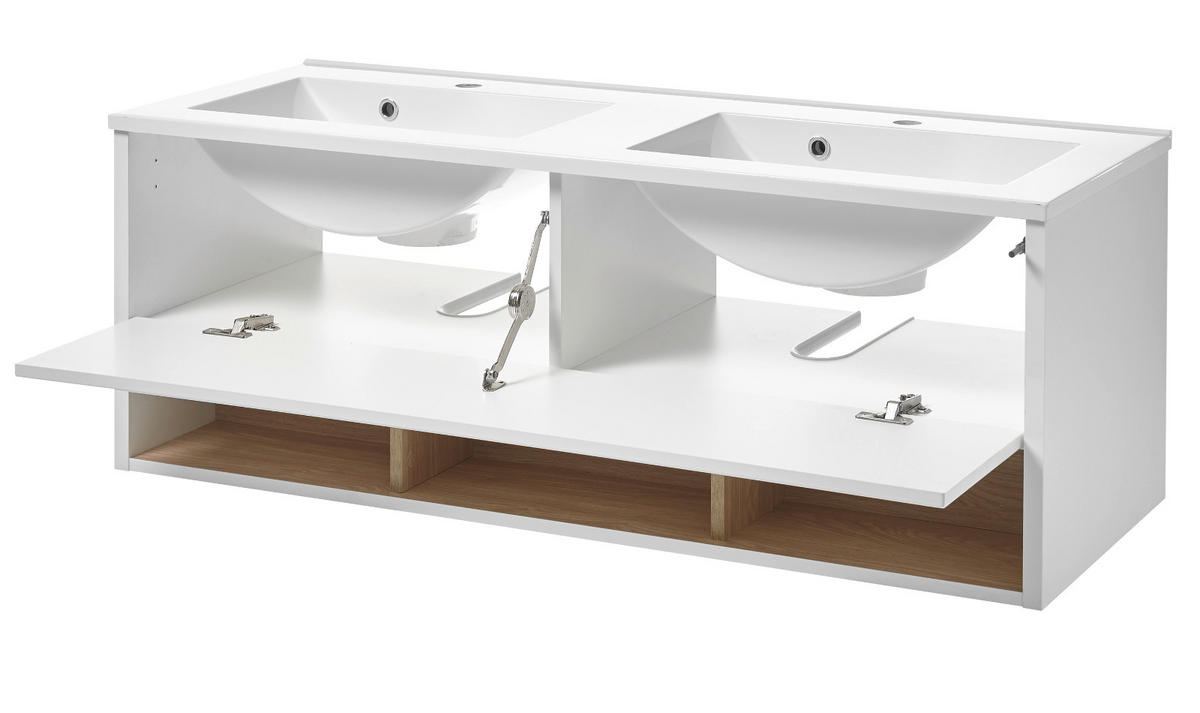 WADSCHTISCHKOMBI weiß Hochglanz und Eiche, Doppelwaschtisch inkl. 2x Waschbecken, Breite 120 cm - Weiß Hochglanz/Eichefarben, Holzwerkstoff (120/44/47cm) - Furn.Design