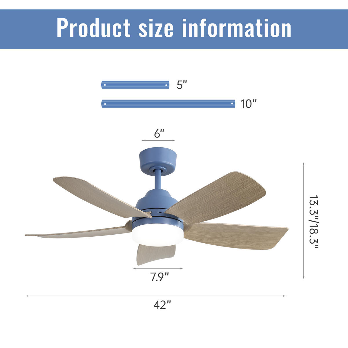 DECKENVENTILATOR 42Zoll LED Licht 22W Fernbedienung ABS Flügel - Blau, Kunststoff (106.6/106.6/46.5cm) - CASIVA
