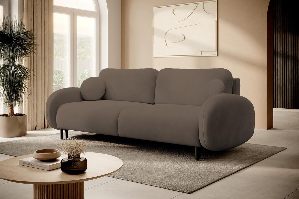 SOFA SOFT RunAgin Mit Schlaffunktion Und Bettkasten, PUR-Schaum, Schwarze Kunststofffüße, lose Rückenkissen, freistehend, 232x109x95 cm Cappuccino - Cappuccino, Holz/Textil (232/95/109cm) - DomoHome