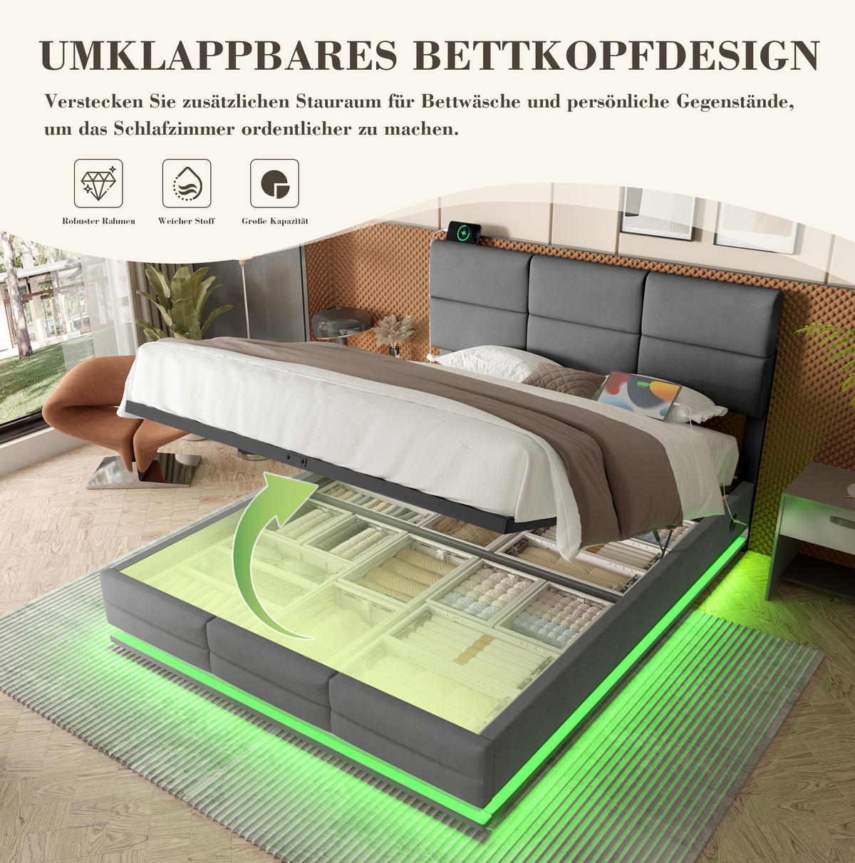 POLSTERBETT 180x200 cm in Dunkelgrau mit LED-Beleuchtung, USB-Anschlüssen und Stauraum - Dunkelgrau, Textil (180/200cm) - IVMEU