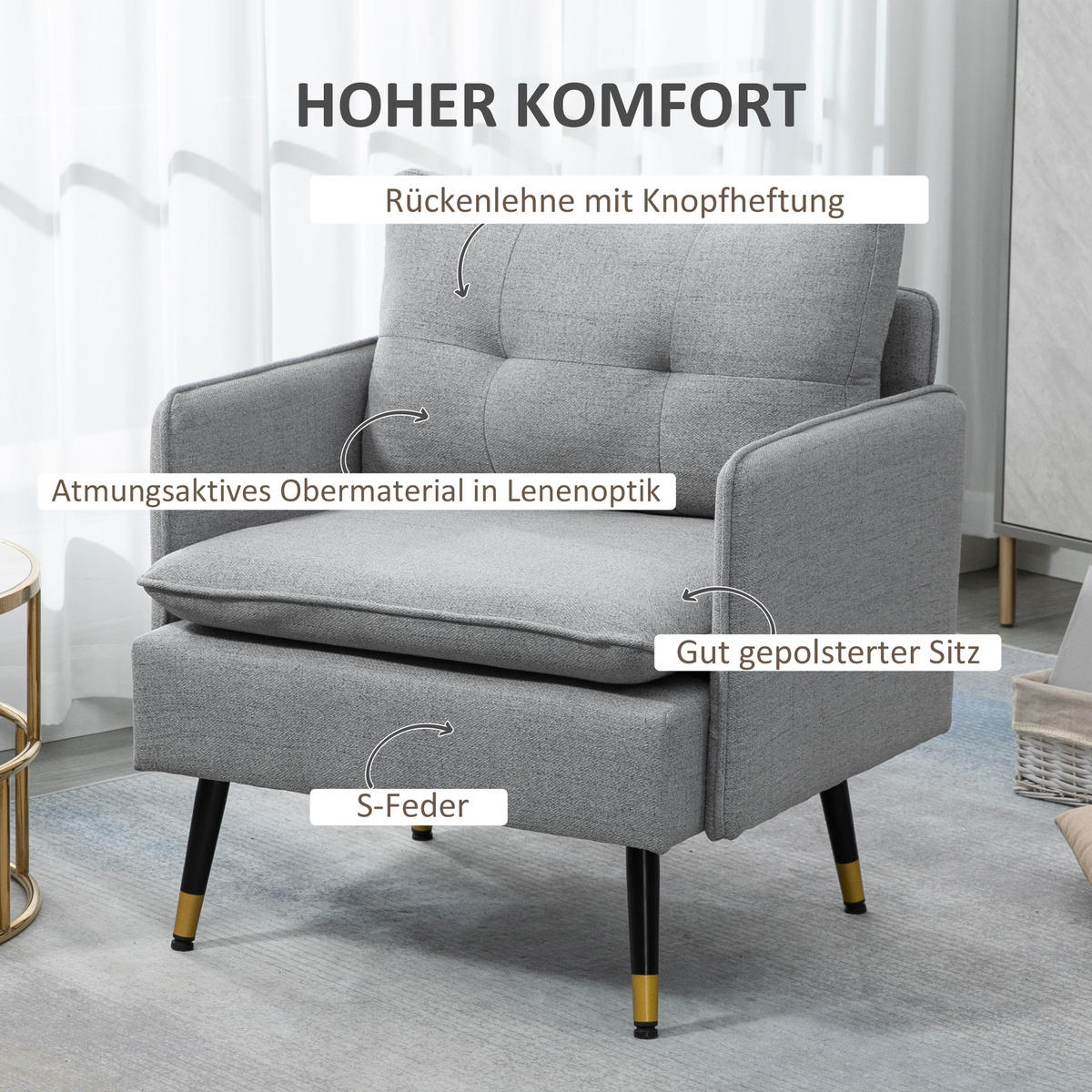 EINZELSESSEL Polstersessel Akzentstuhl mit Leinenoptik, Kissen, bis 120 kg Grau - Grau, Textil (68/80/76cm) - HOMCOM