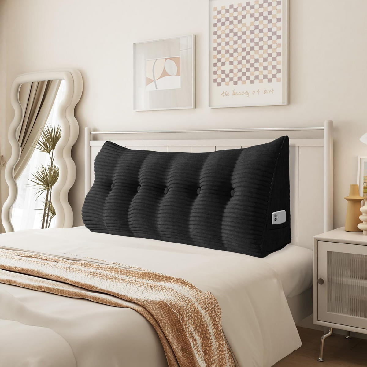 RÜCKENKISSEN für Bett Kord Schwarz 160 cm - Schwarz, Textil (50/160cm) - Vercart