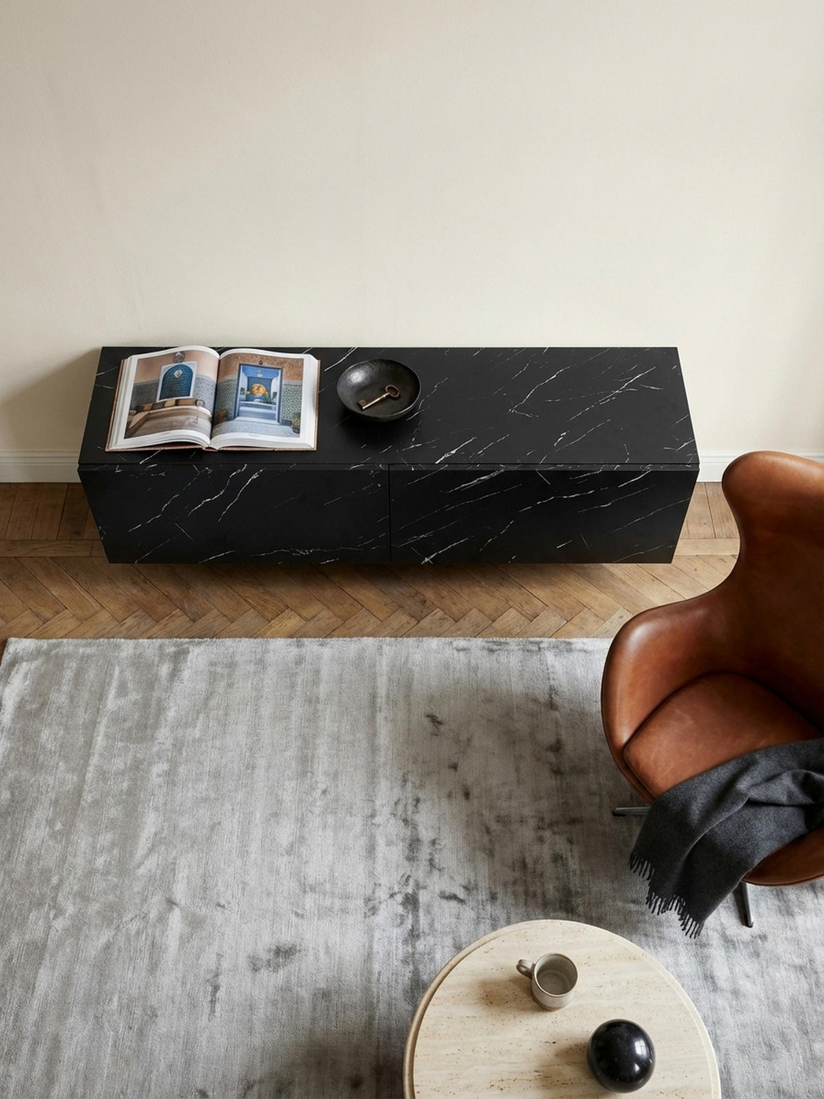 TV-LOWBOARD hängend, Marmor-Optik, Klapptüren, modern, Schwarz 120x30x30 cm - Schwarz, Metall (120/30/30cm) - KADIMA DESIGN