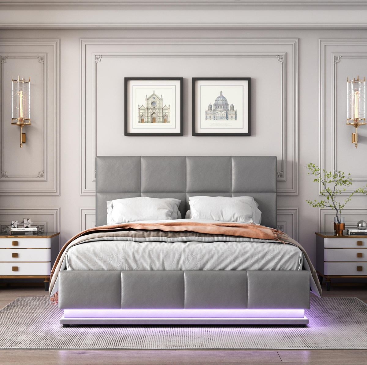 POLSTERBETT 140/200 cm mit LED-Beleuchtung, hydraulischem Bettkasten und Kunstlederbezug, Grau - Grau, Textil (140/200cm) - Redom