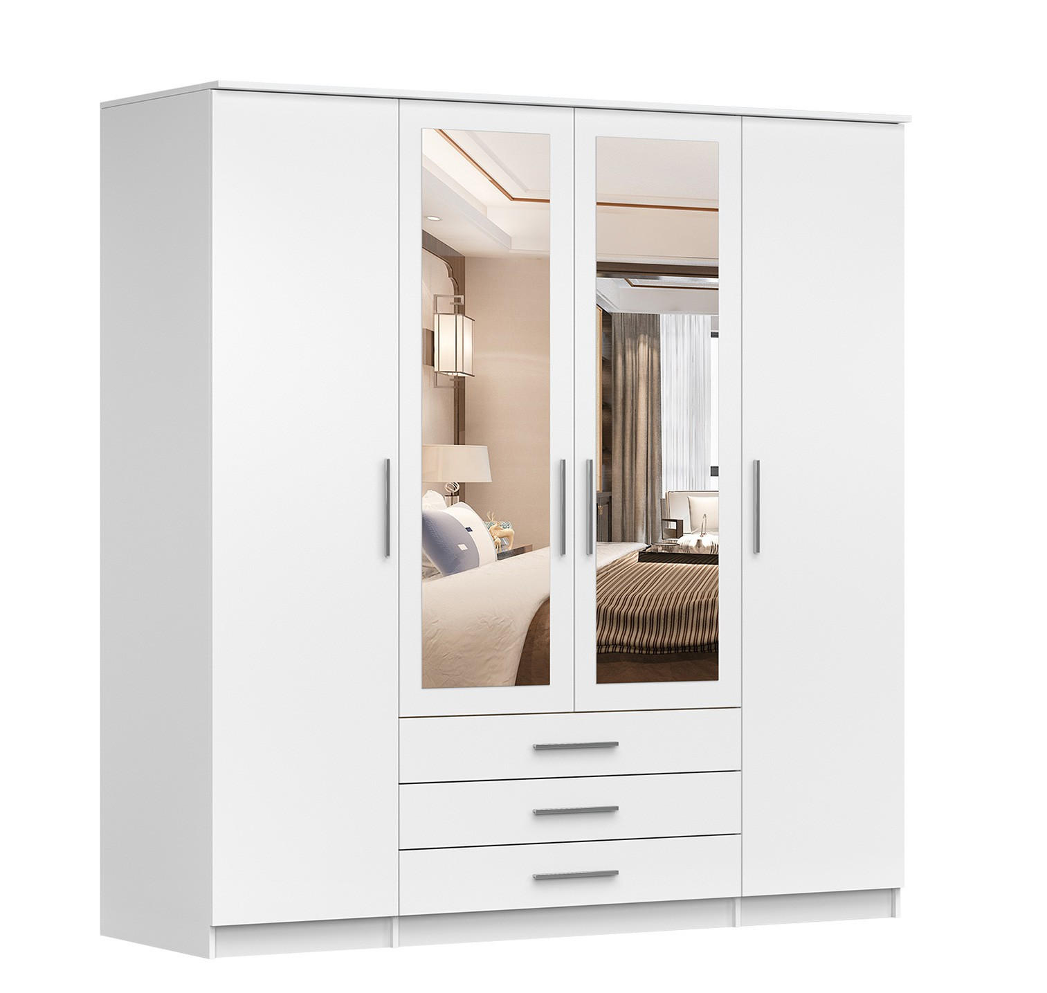 DREHTÜRENSCHRANK 200/207/57/61 cm Szantal 4D Weiß/Weiß - Alufarben/Weiß, Glas/Holzwerkstoff (200/210/64cm) - imoebel24