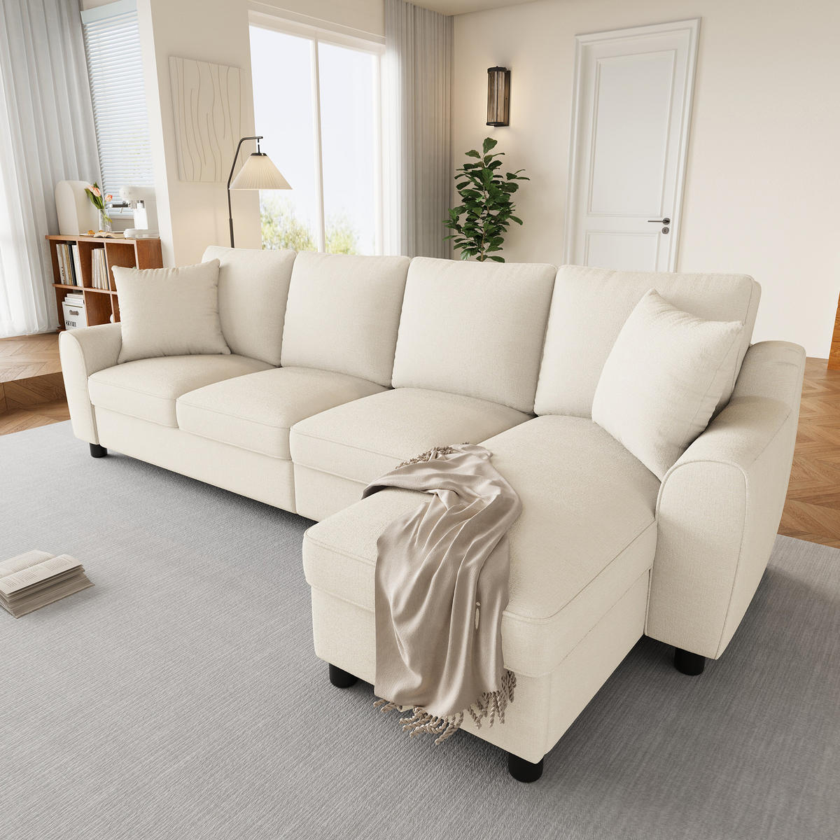 ECKSOFA L Form 3-Sitzer Chenille Stauraum Getränkehalter Beige 280cm - Beige, Textil (280/136cm) - FLIEKS
