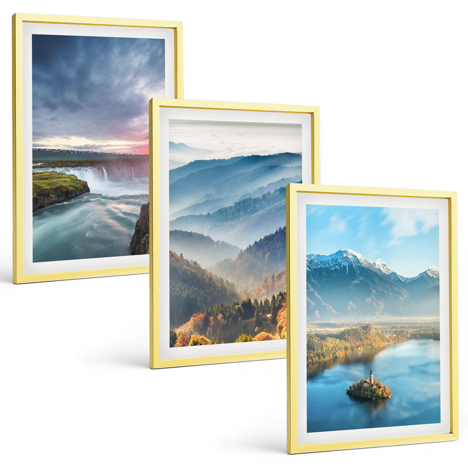 BILDER SET 3er Set - 40x60 cm Goldrahmen - Berglandschaften, Wasserfälle - Goldfarben, Kunststoff (40/60cm) - TULUP