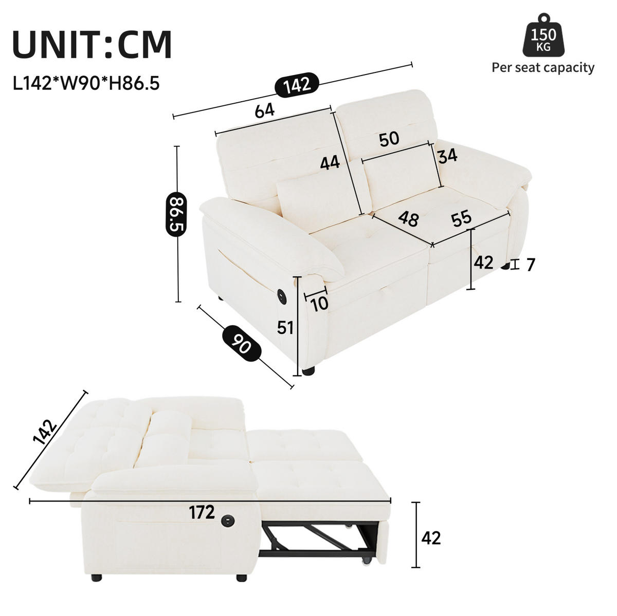 SCHLAFSOFA 142/90/86,5 cm aus Chenille mit 3-in-1-Bettfunktion Beige - Beige, Textil (90/86.5/142cm) - Modenvie