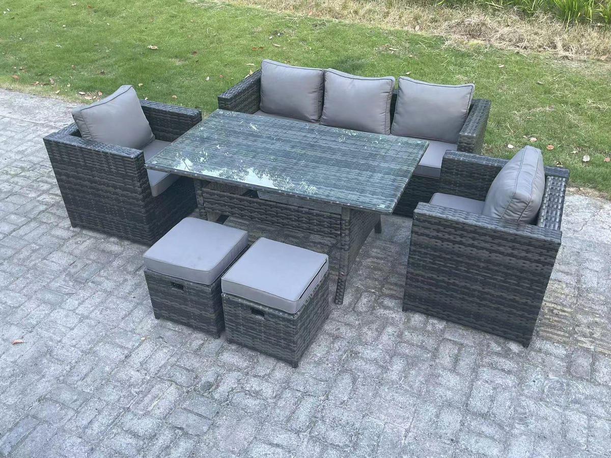 LOUNGEGARNITUR mit Fußschemel Polyrattan Dunkelgrau 7-Sitzer - Dunkelgrau/Grau, Glas/Kunststoff - Fimous