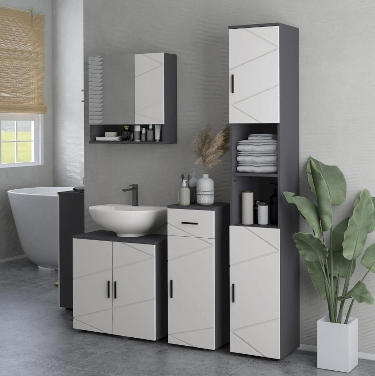 BADEZIMMERSCHRANK 30x30x183 cm Dunkelgrau mit 2 Schränken & verstellbaren Regalen - Dunkelgrau, Holzwerkstoff (30/183/30cm) - Modfu