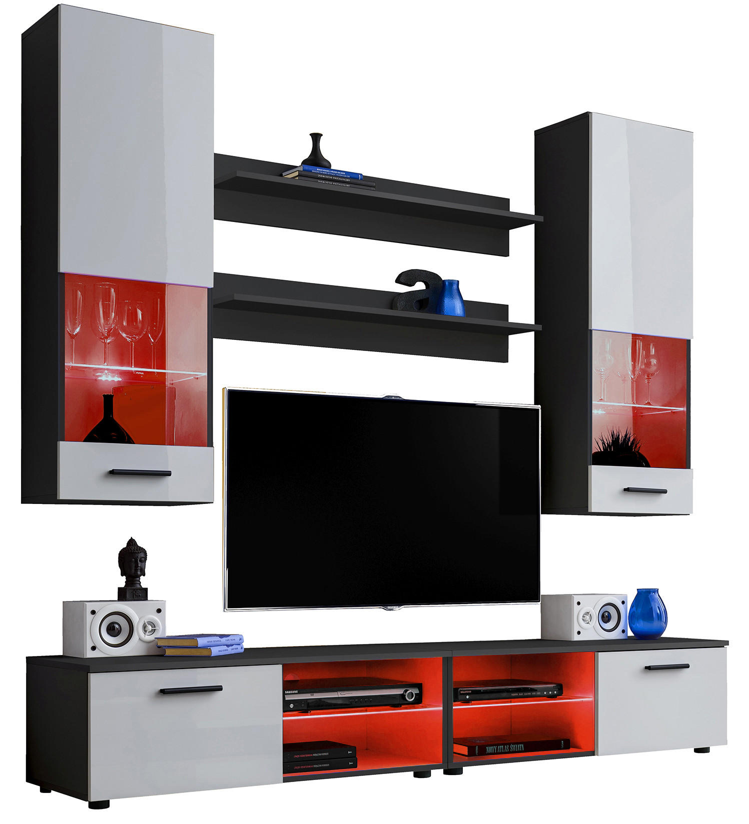 WOHNZIMMERSET VARALLO, 6er-Set, Schwarz, Front Hochglanz Weiß , LED Mehrfarbige - Schwarz/Weiß, Glas/Holzwerkstoff (200/190/45cm) - Komodee