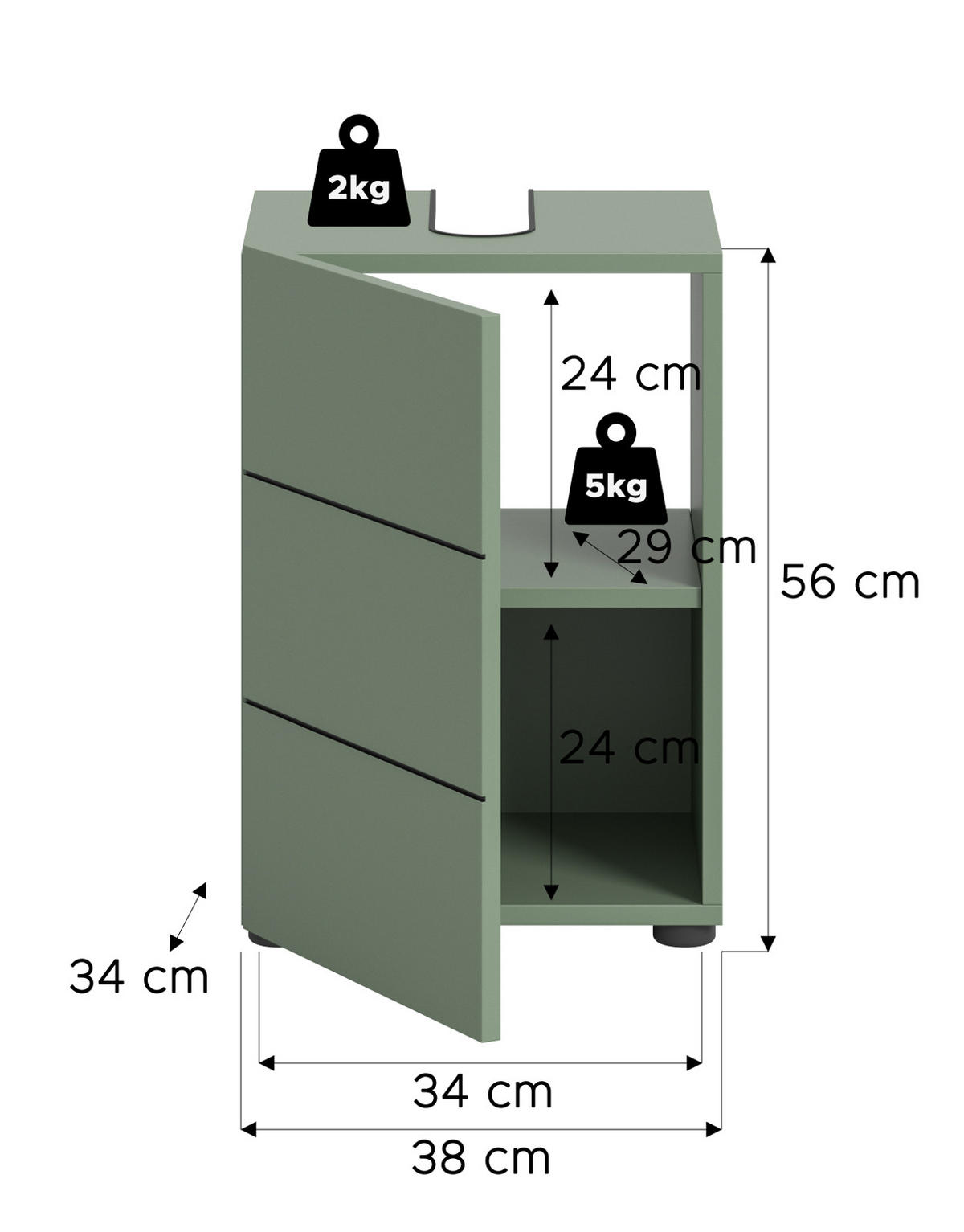 WASCHBECKENUNTERSCHRANK grün, Badezimmer Unterschrank 38 x 56 cm - Schwarz/Grün, Holzwerkstoff/Kunststoff (60/56/34cm) - Inn.Furn