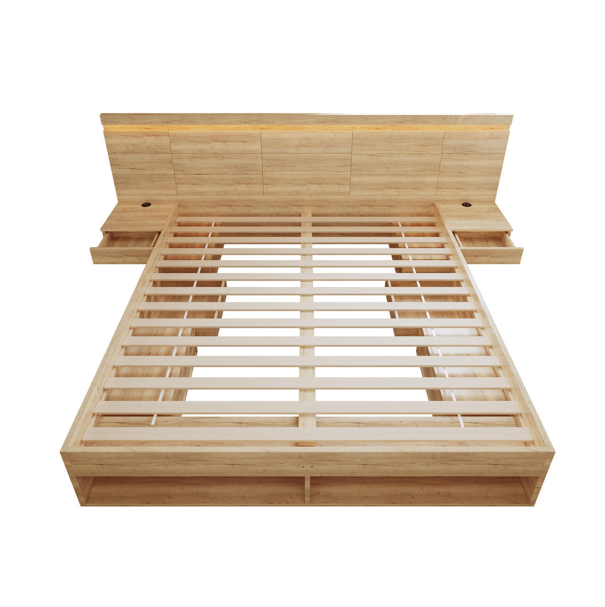 DOPPELBETT 180/200 cm mit LED-Beleuchtung, USB- und USB-C-Anschlüssen, Stauraum und 2 Nachttischen, Natur - Naturfarben, Holzwerkstoff (180/200cm) - Redom
