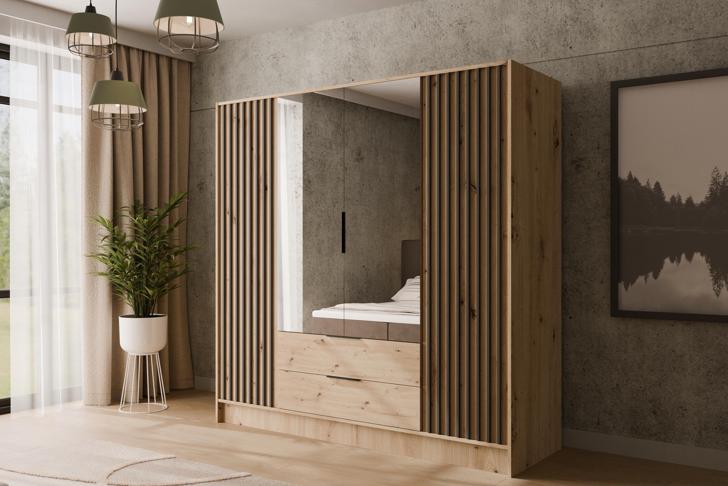 Thumbnail - Altdecor Kleiderschrank, Eiche Artisan, Eiche Artisan, Schwarz, Holzwerkstoff, 200x200x51 cm, Schlafzimmer, Kleiderschrä...