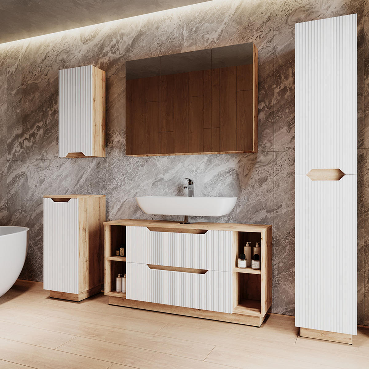 BADMÖBEL-SET Lotta Eiche/weiß gestreift 5 Teile - Weiß, Holzwerkstoff (119.2/62.5/35cm) - Vicco