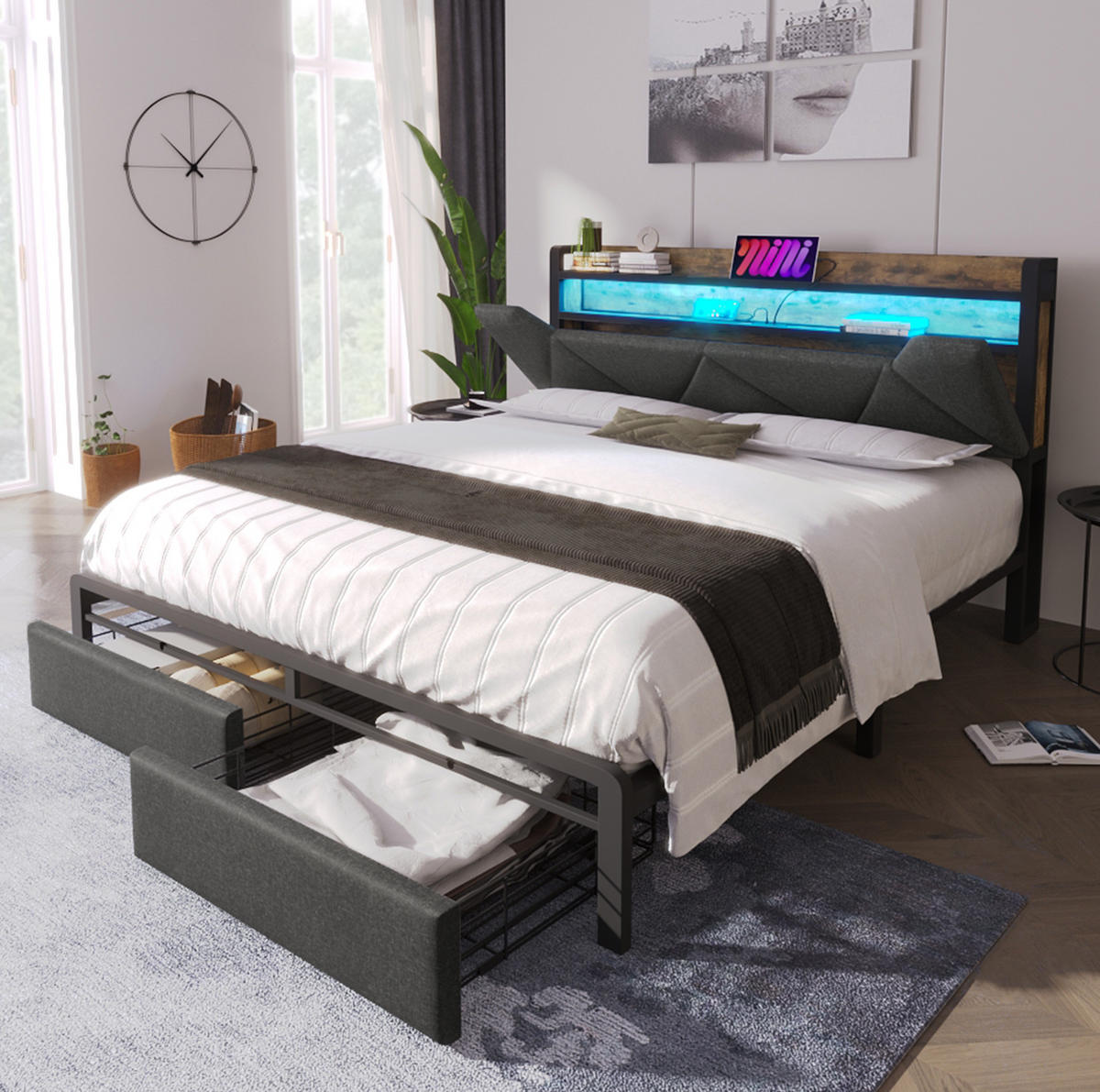 MULTIFUNKTIONSBETT 140/200 cm grau mit Stauraum-Kopfteil und LED-Beleuchtung - Grau, Textil (160/200cm) - OKWISH