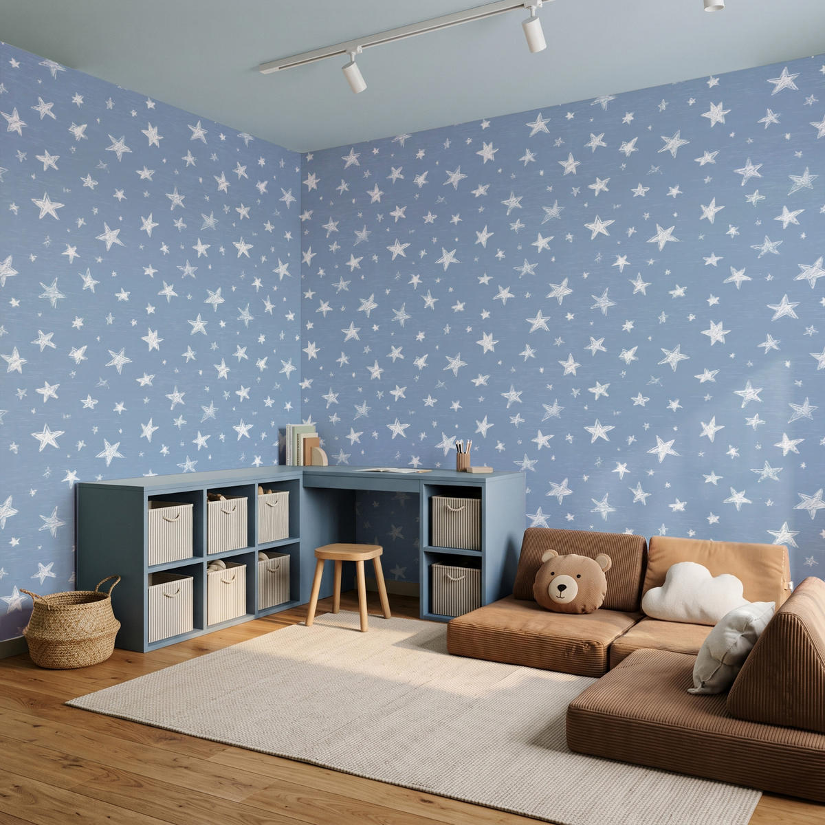 KINDERTAPETE - Sterne - Muster - Blau - 500x300 cm - Hellblau, Papier (500/300cm) - OnlyWow