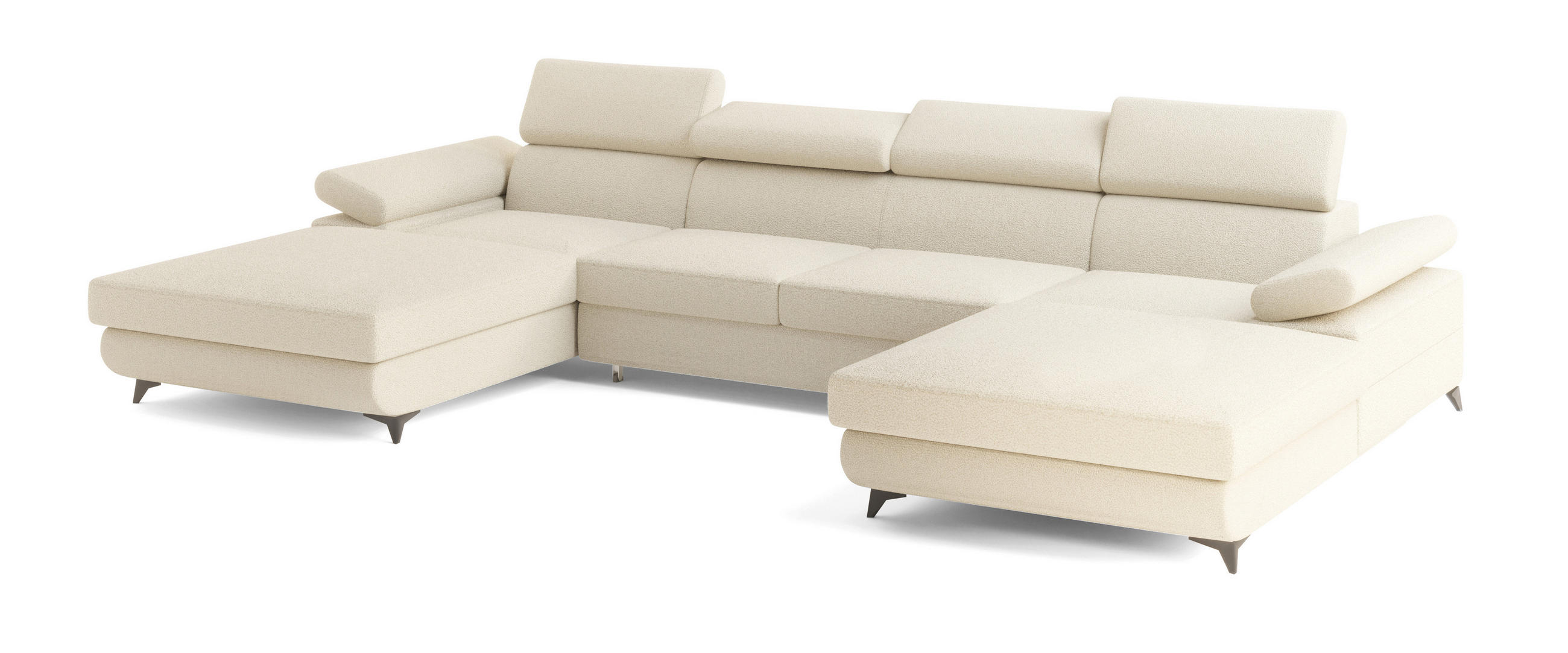 WOHNLANDSCHAFT DETTI Creme Boucle-Stoff mit Schlaffunktion - Creme, Holz (339/89/190cm) - MASSENO