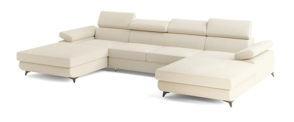 WOHNLANDSCHAFT DETTI Creme Boucle-Stoff mit Schlaffunktion - Creme, Holz (339/89/190cm) - MASSENO